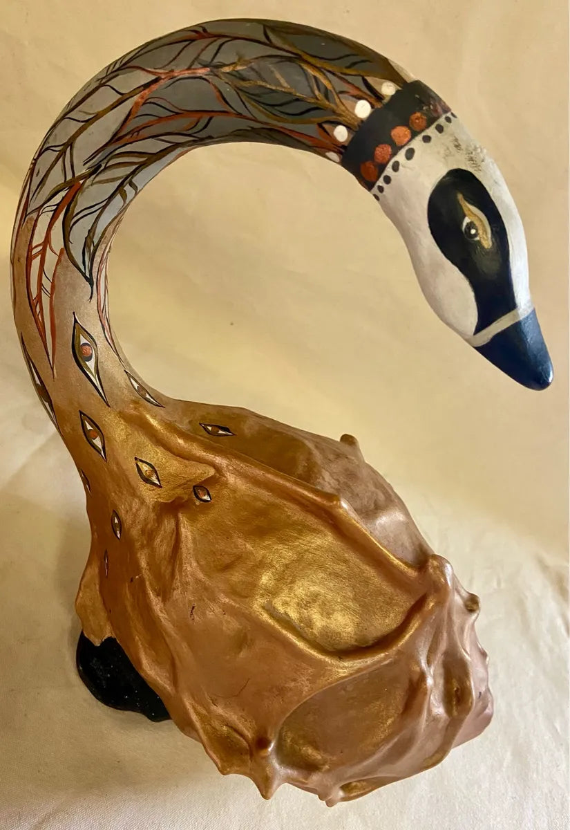 Wood Décor: Hand-Painted Gilded Calabash Swan Folk Art Sculpture