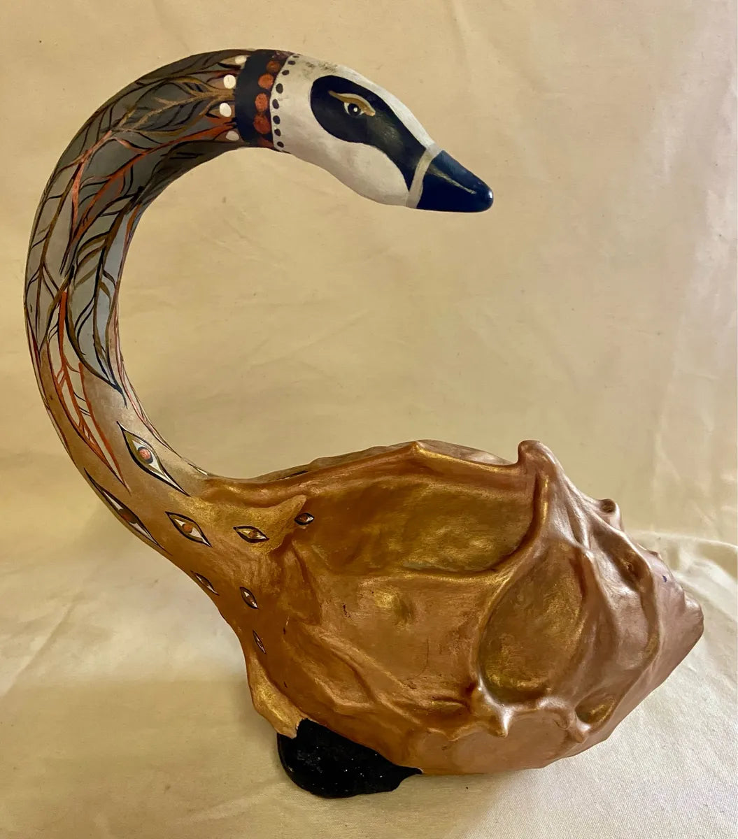 Wood Décor: Hand-Painted Gilded Calabash Swan Folk Art Sculpture