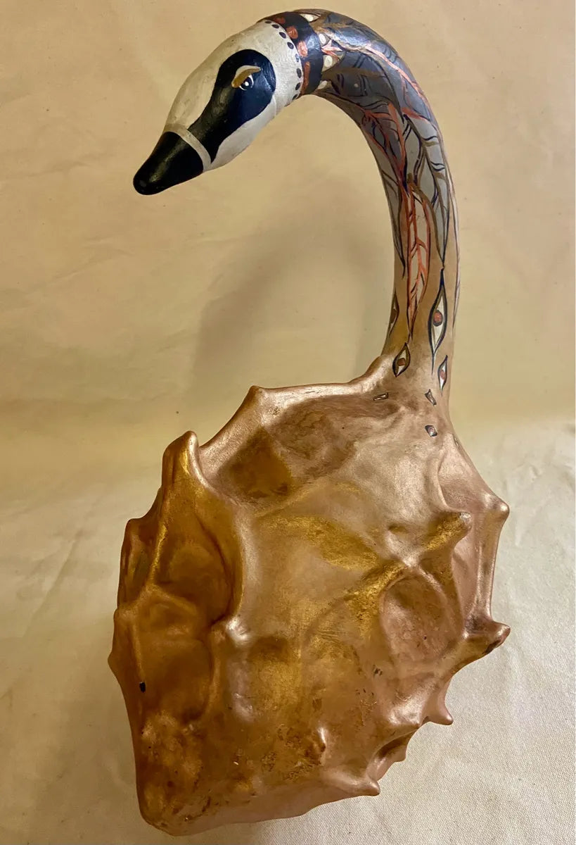 Wood Décor: Hand-Painted Gilded Calabash Swan Folk Art Sculpture