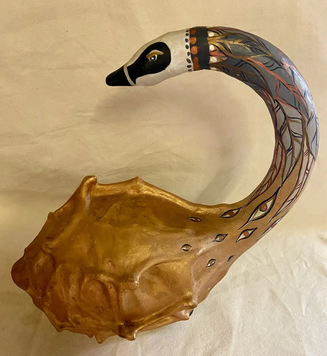 Wood Décor: Hand-Painted Gilded Calabash Swan Folk Art Sculpture