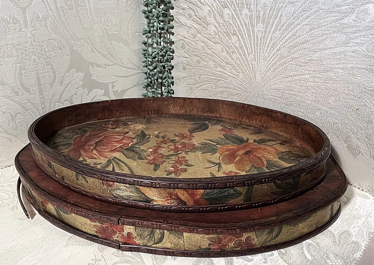 Trays: Antique Victorian Gilt Tôleware Oval Gallery Serving Trays, 2