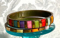 Jewellery: Boho Brass & Multi Colour Segmented Inlay Bangle, Pair