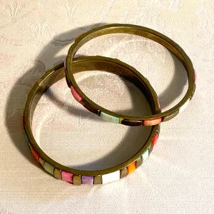 Jewellery: Boho Brass & Multi Colour Segmented Inlay Bangle, Pair