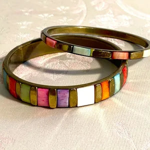 Jewellery: Boho Brass & Multi Colour Segmented Inlay Bangle, Pair