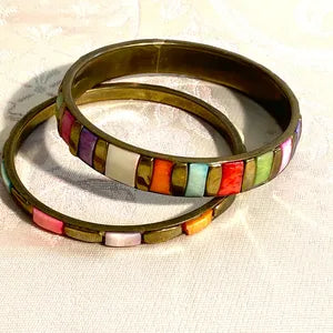 Jewellery: Boho Brass & Multi Colour Segmented Inlay Bangle, Pair
