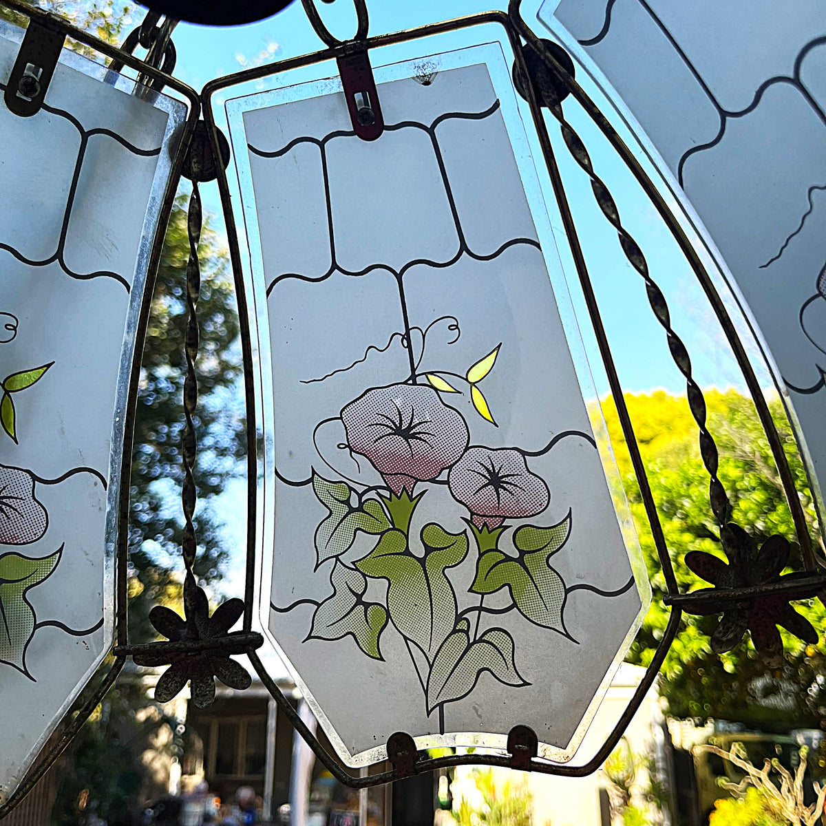Lights: Hexagonal Morning Glory Floral Panel Glass Pendant Light