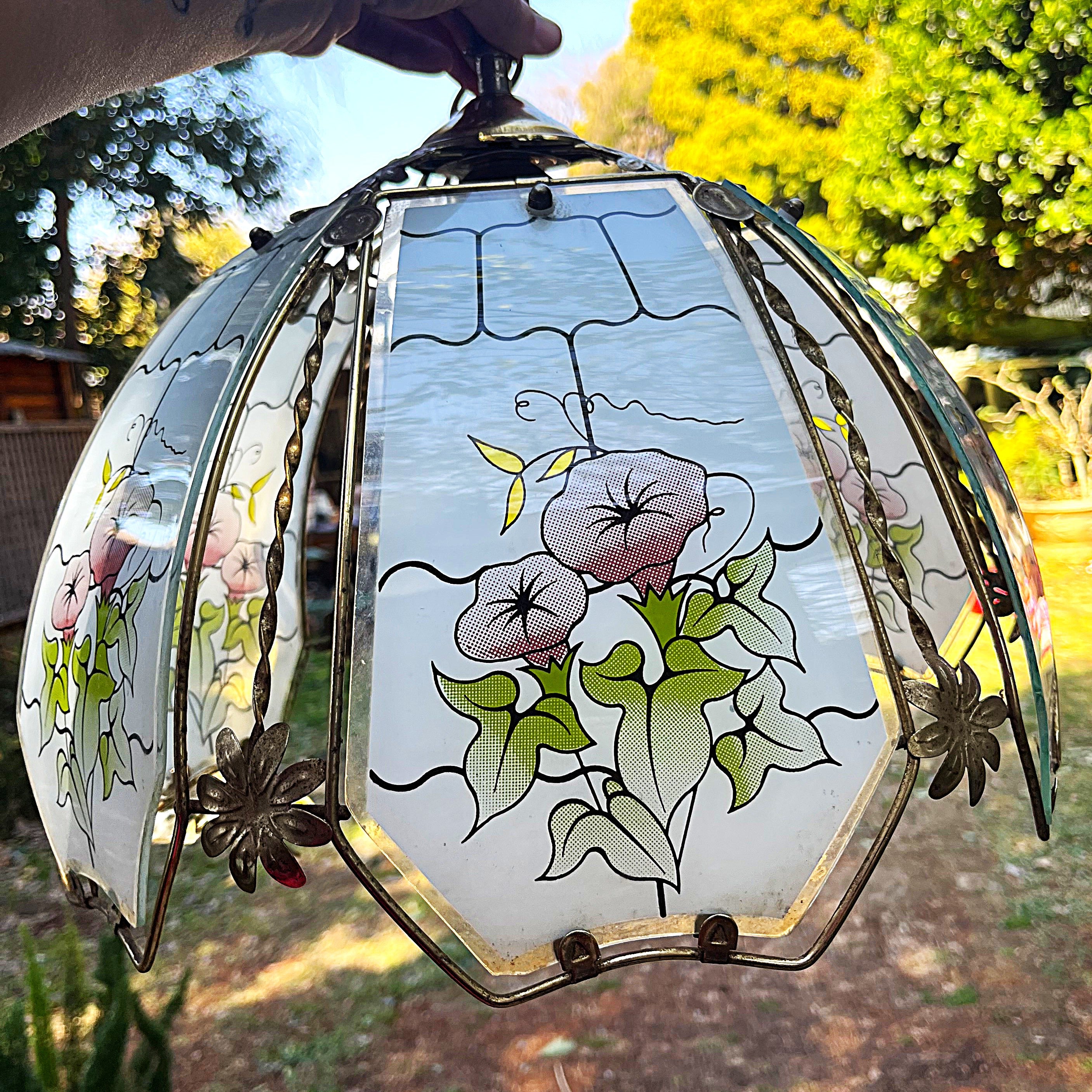 Lights: Hexagonal Morning Glory Floral Panel Glass Pendant Light
