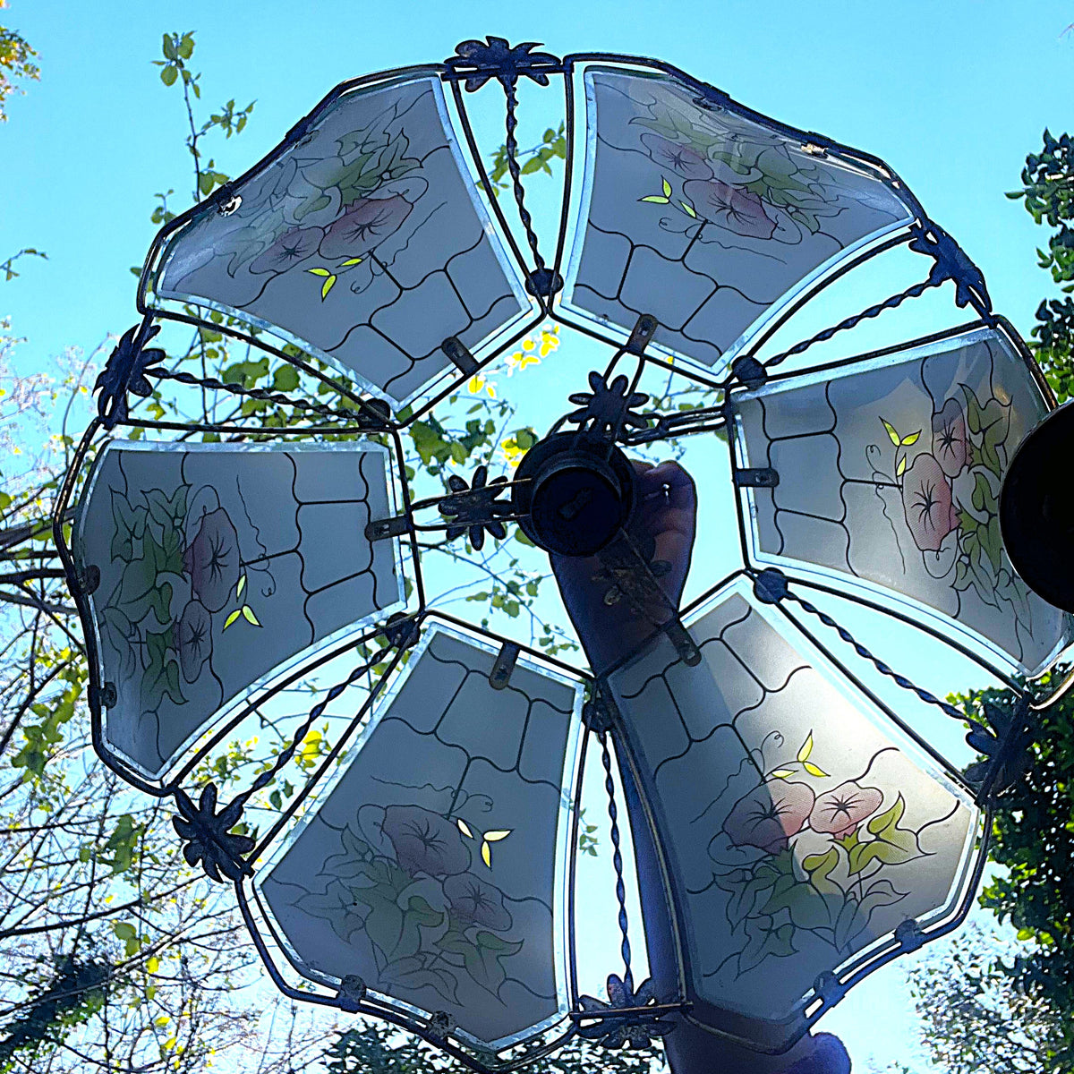 Lights: Hexagonal Morning Glory Floral Panel Glass Pendant Light