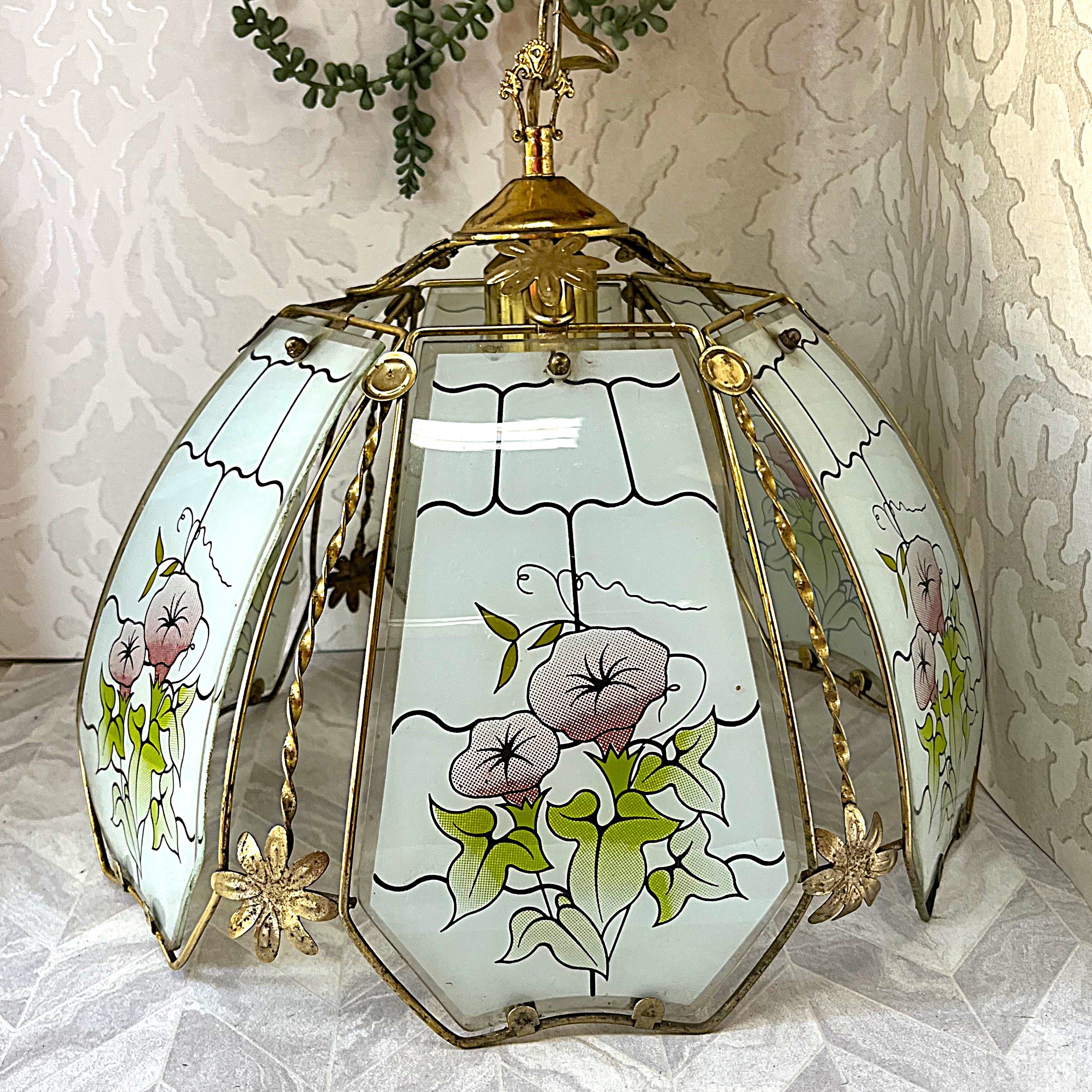 Lights: Hexagonal Morning Glory Floral Panel Glass Pendant Light