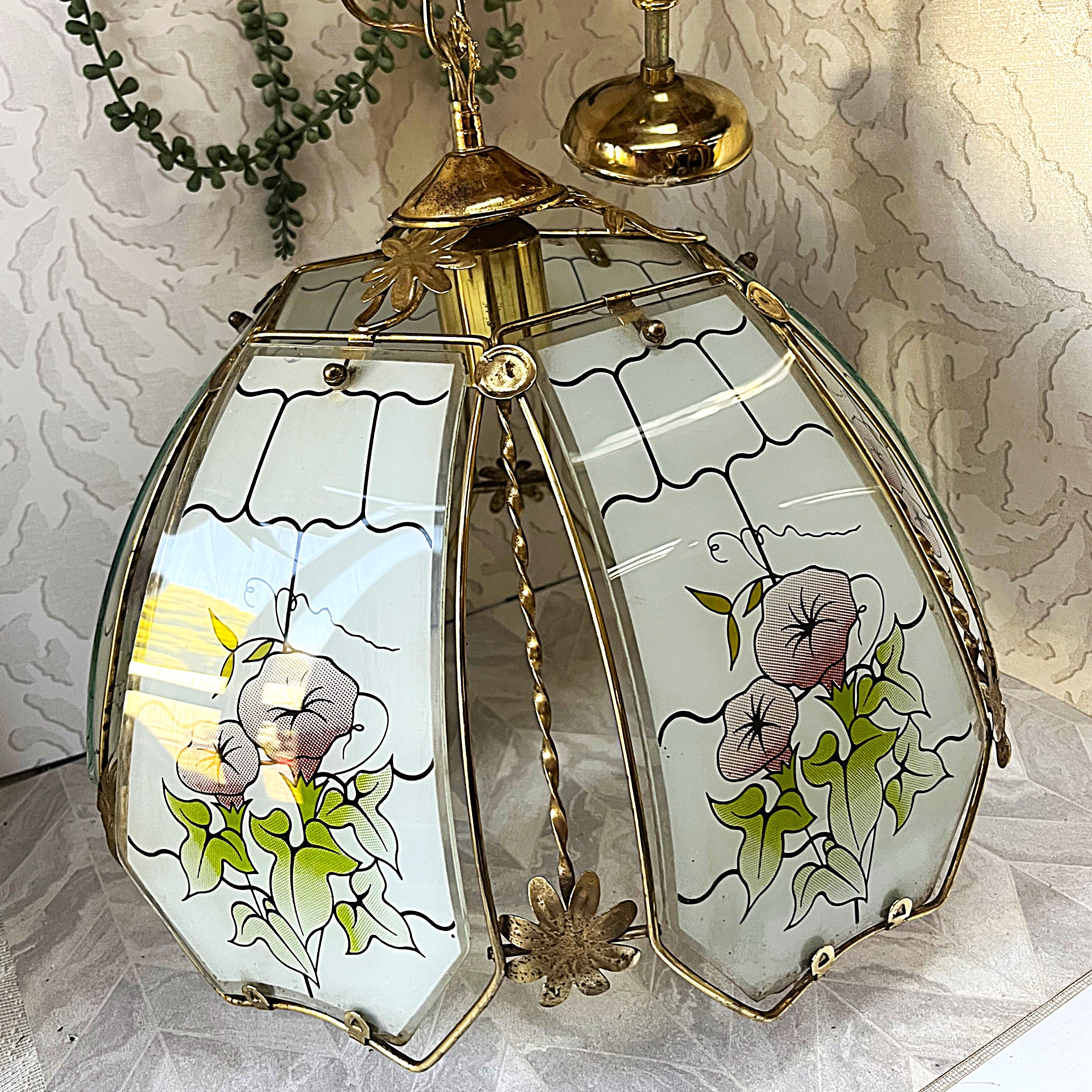 Lights: Hexagonal Morning Glory Floral Panel Glass Pendant Light