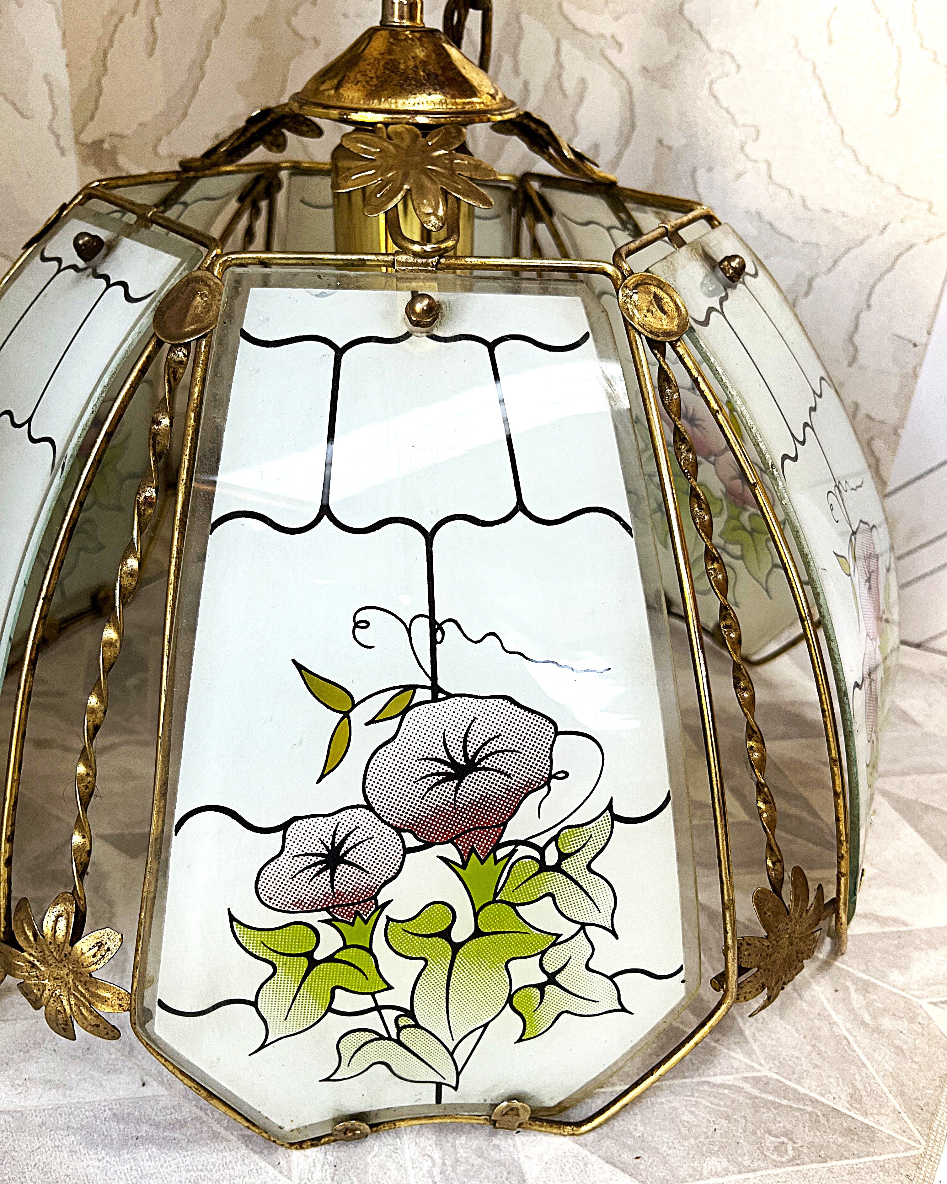 Lights: Hexagonal Morning Glory Floral Panel Glass Pendant Light