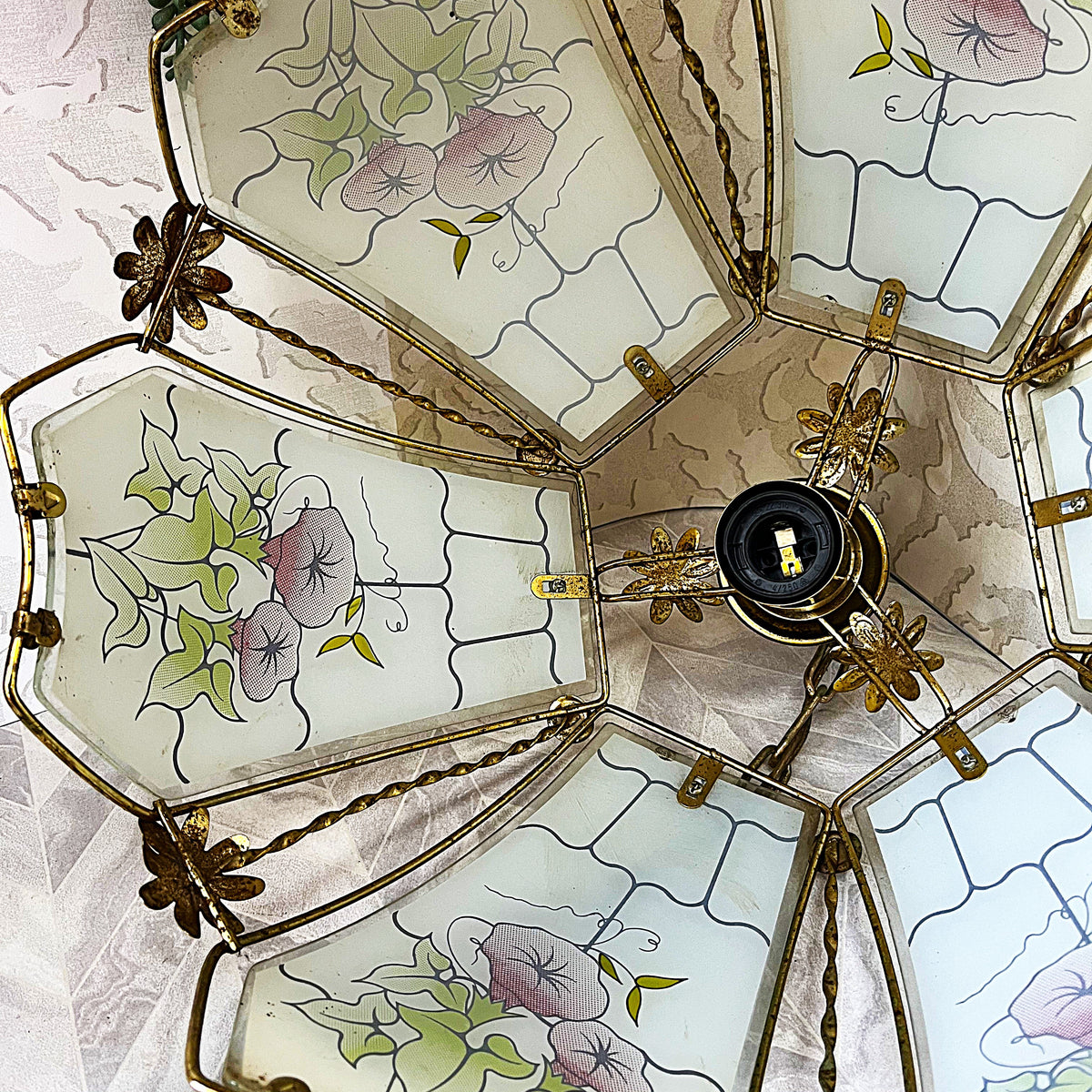 Lights: Hexagonal Morning Glory Floral Panel Glass Pendant Light