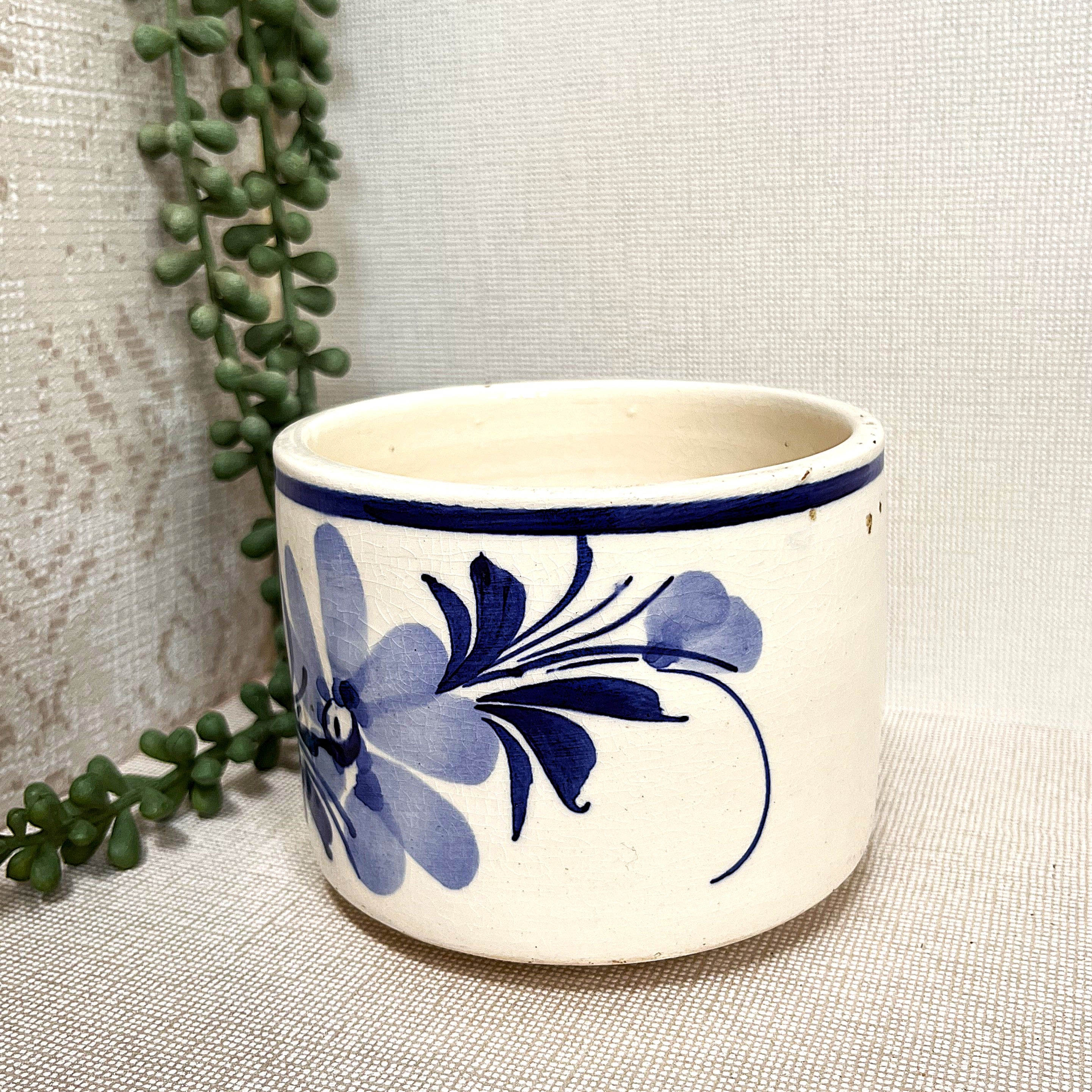 Studio Pottery: Small Salt Crock Blue Floral