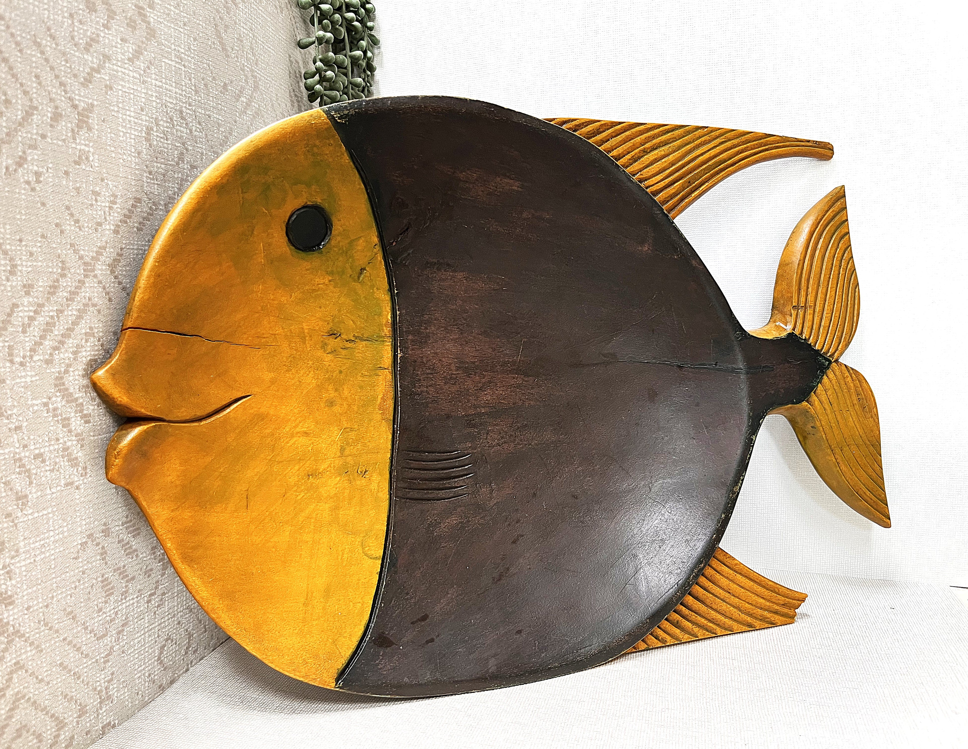 Carved Wood: Two-Tone Hardwood Fish Wall Art Plaque