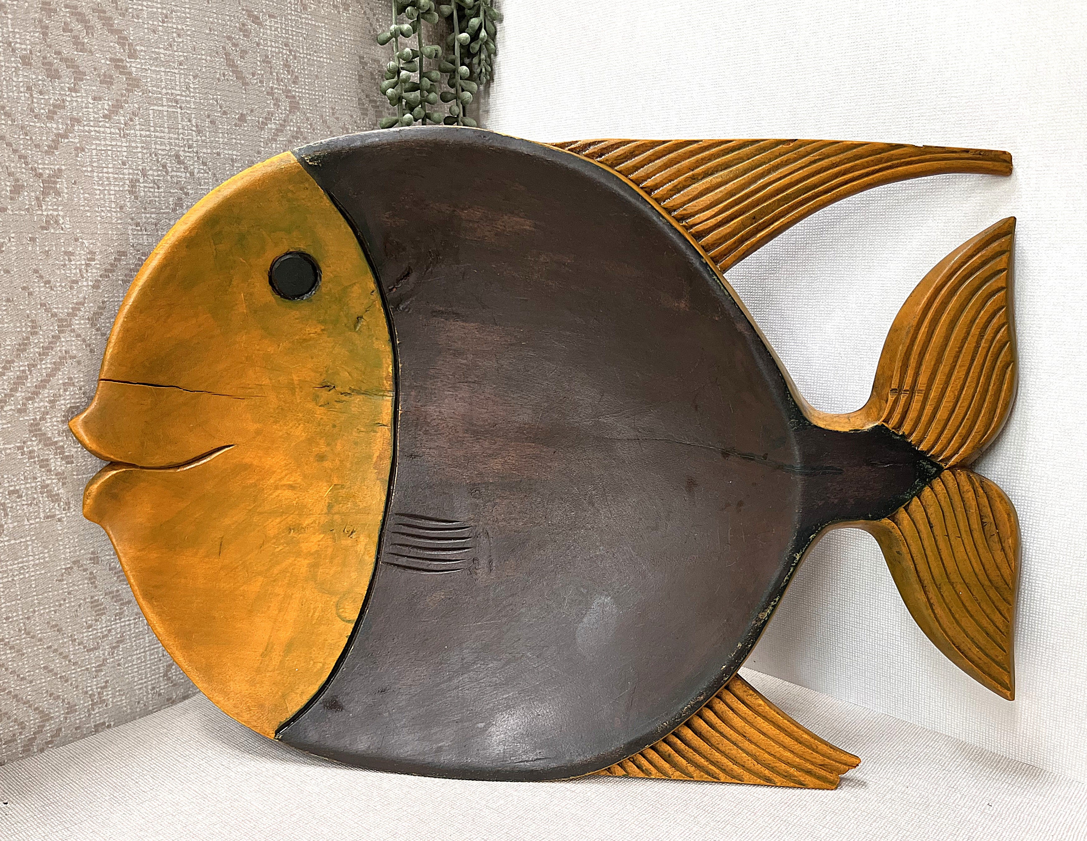 Carved Wood: Two-Tone Hardwood Fish Wall Art Plaque