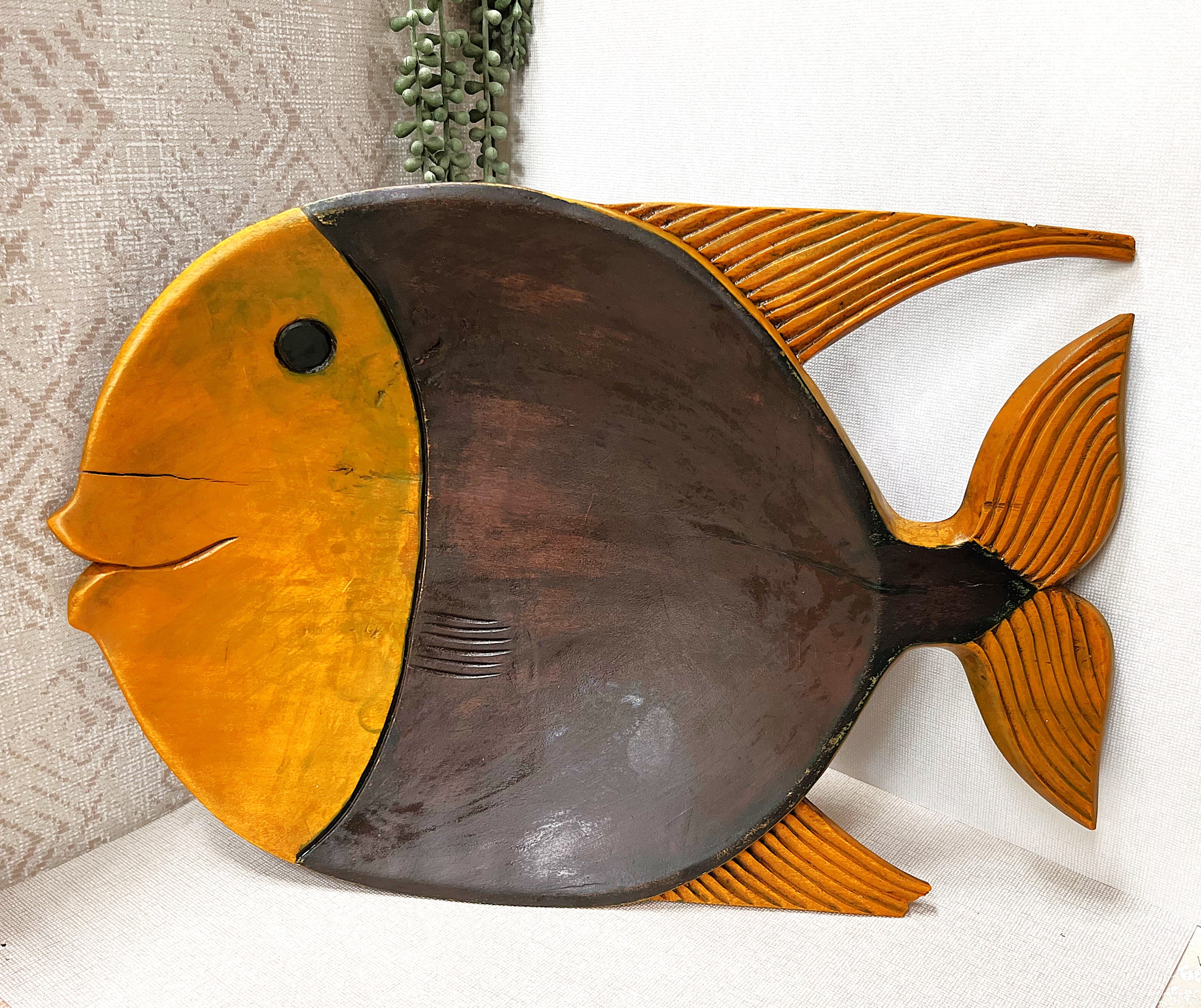 Carved Wood: Two-Tone Hardwood Fish Wall Art Plaque