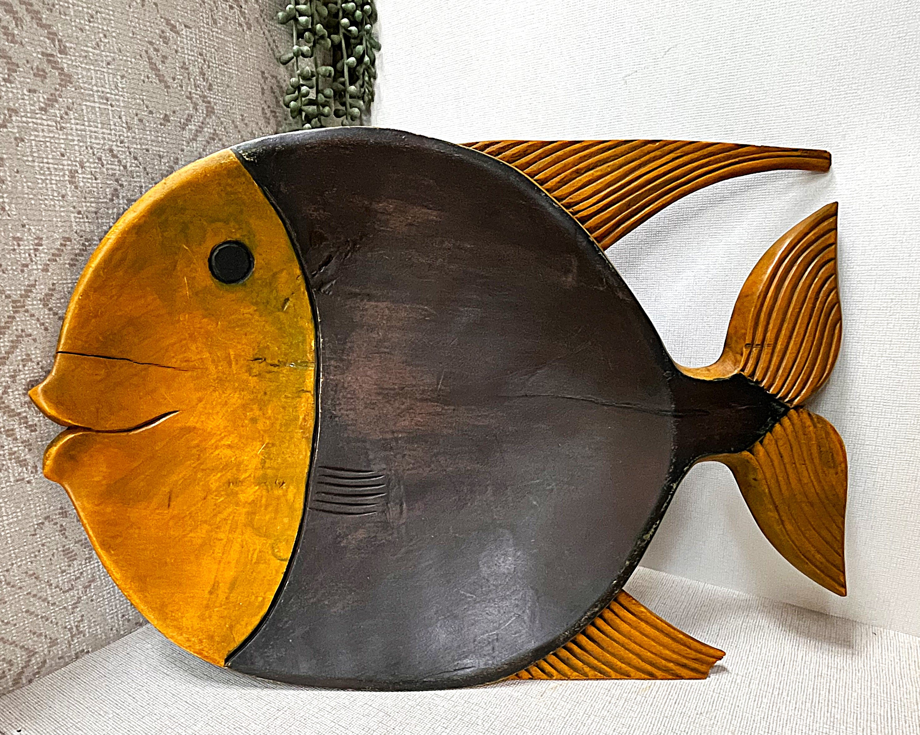 Carved Wood: Two-Tone Hardwood Fish Wall Art Plaque
