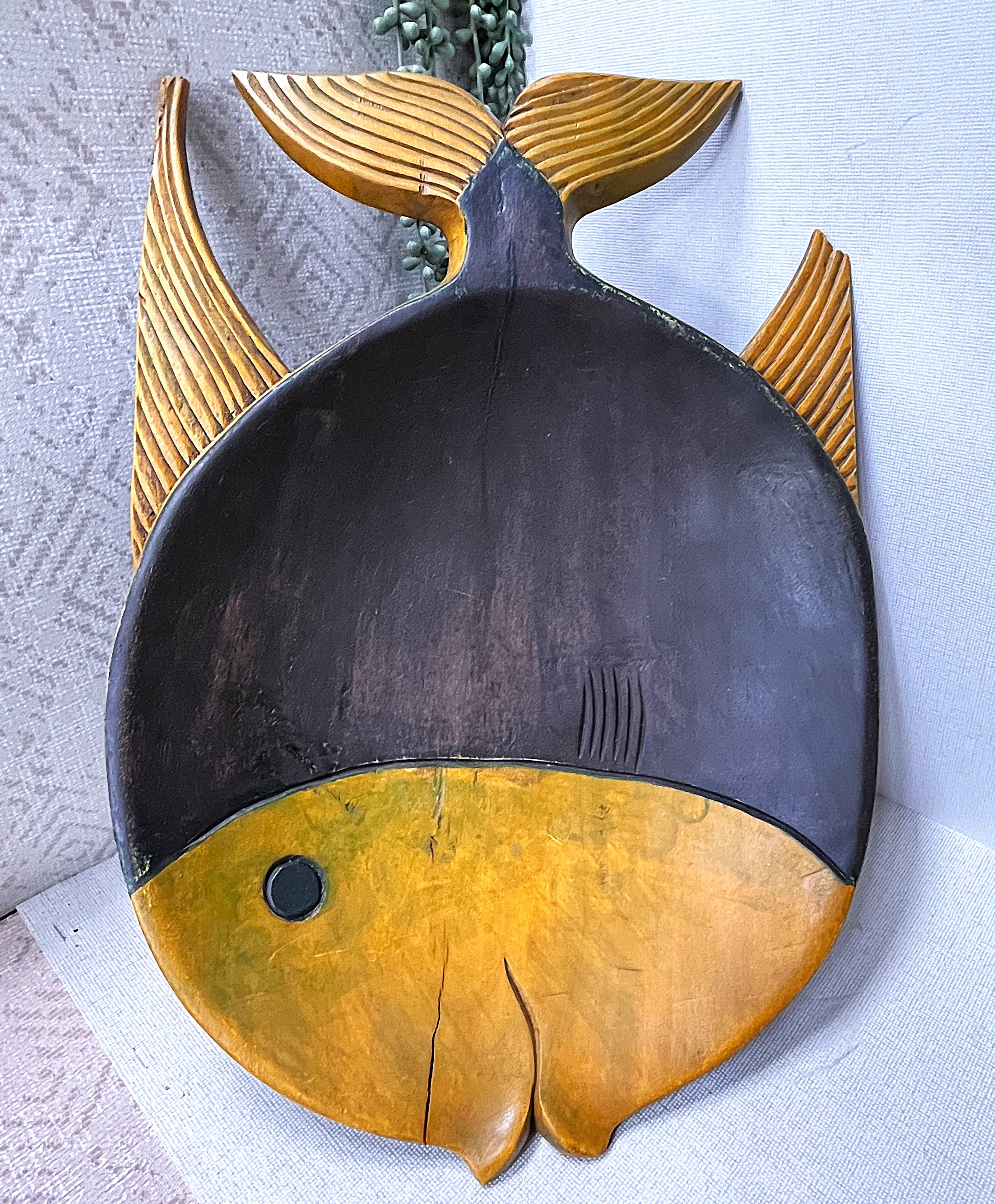 Carved Wood: Two-Tone Hardwood Fish Wall Art Plaque