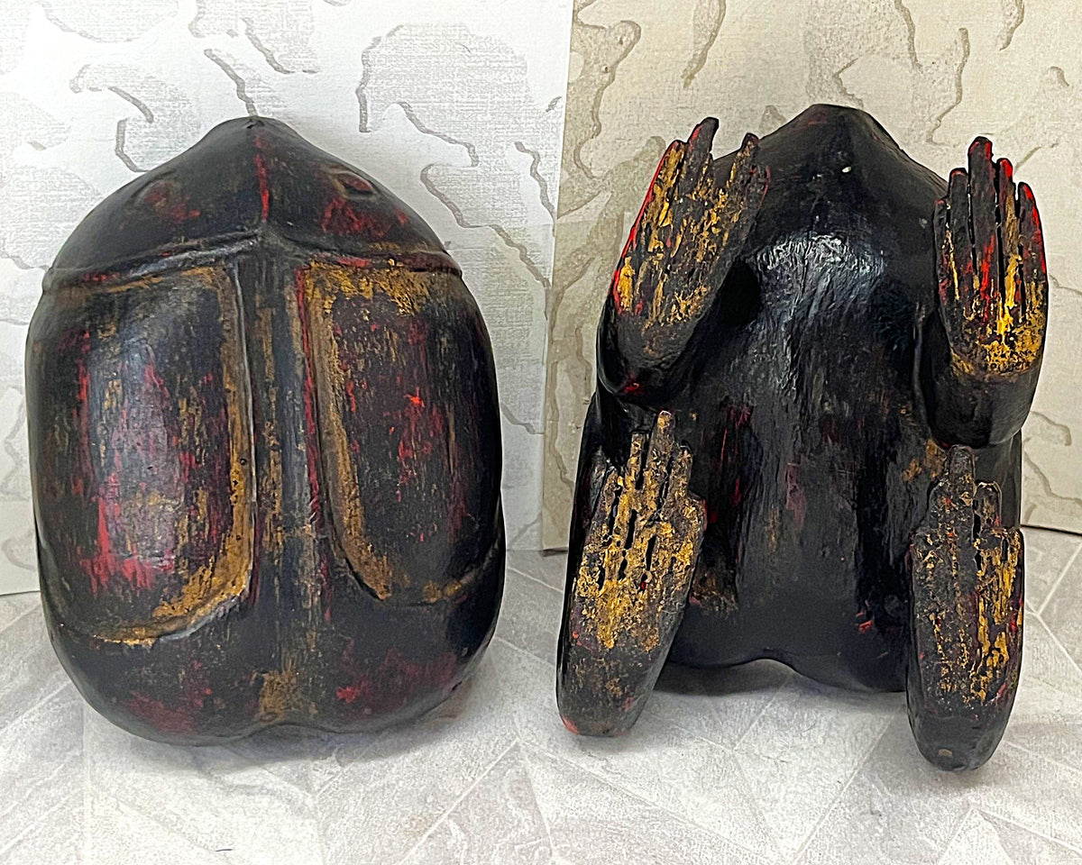 Carved Wood: Chinese Lacquer Frog Treen Storage Container