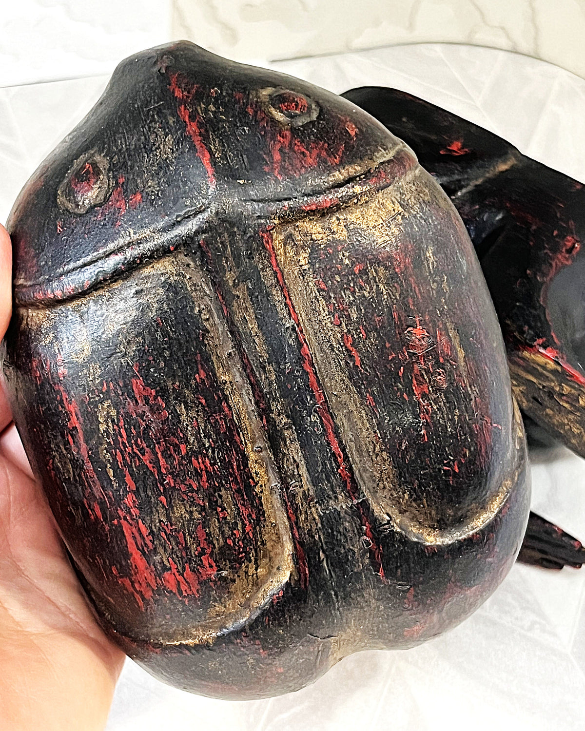 Carved Wood: Chinese Lacquer Frog Treen Storage Container