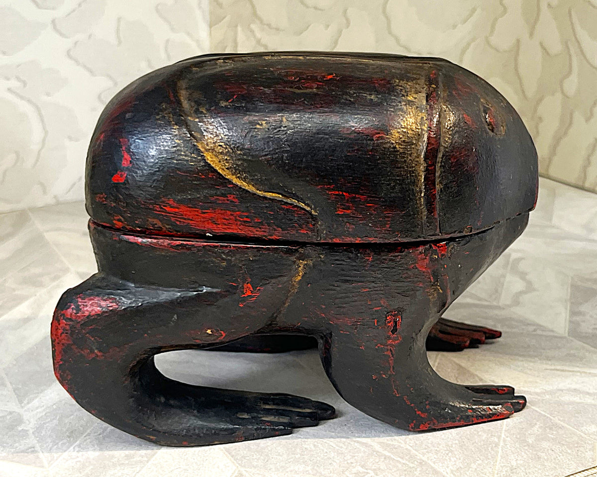 Carved Wood: Chinese Lacquer Frog Treen Storage Container