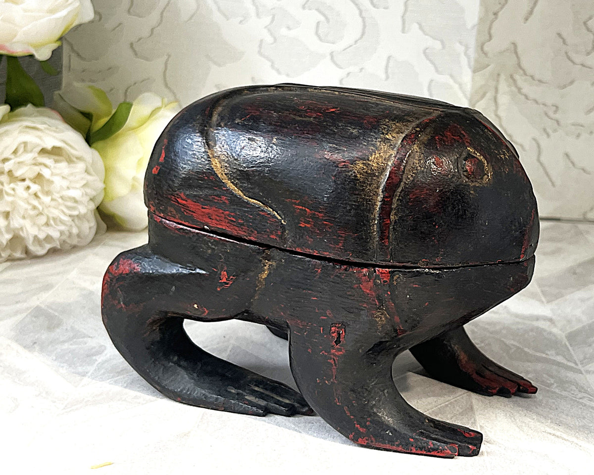 Carved Wood: Chinese Lacquer Frog Treen Storage Container