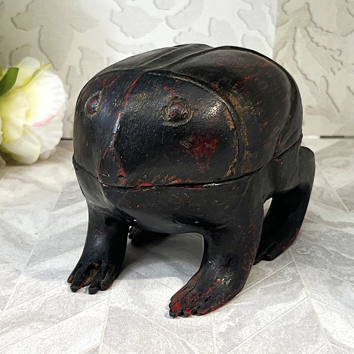 Carved Wood: Chinese Lacquer Frog Treen Storage Container
