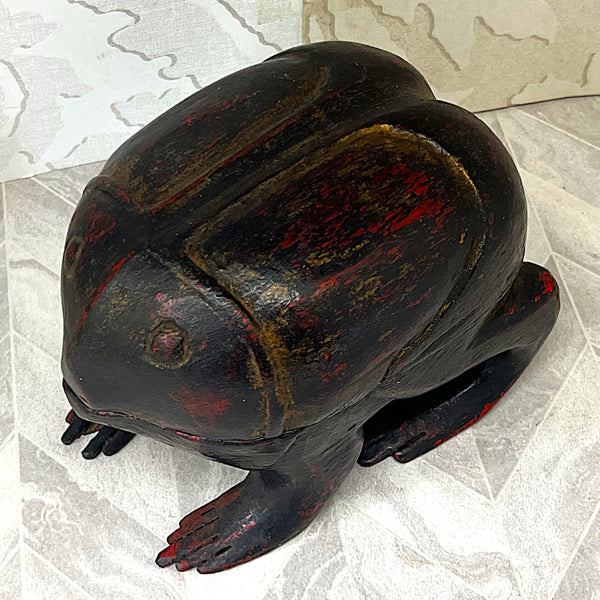 Carved Wood: Chinese Lacquer Frog Treen Storage Container